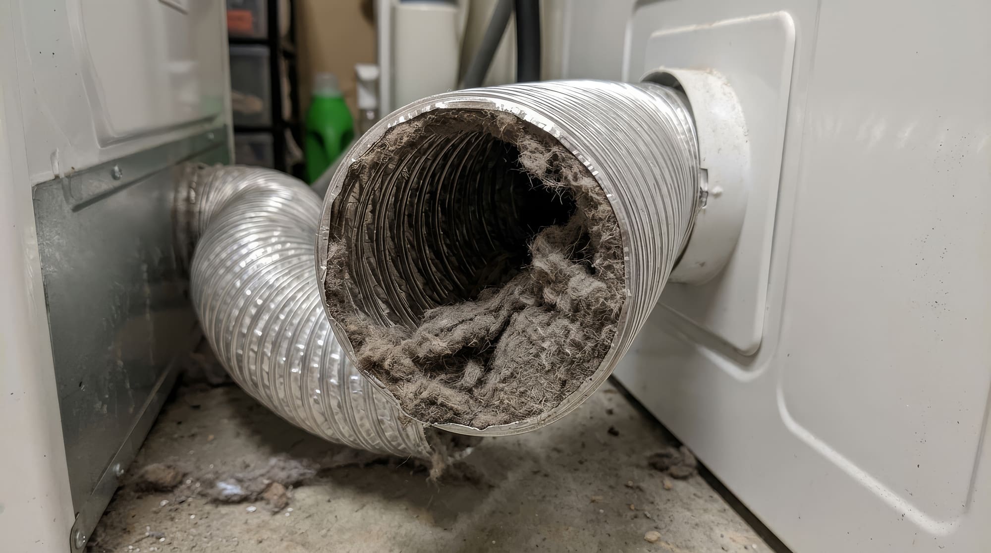 Dryer vent duct clogged with lint and dust buildup