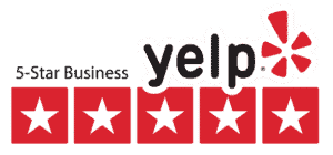 5-star Yelp business rating with red star squares and Yelp logo